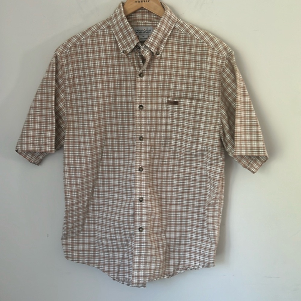 Carhartt Men Short Sleeve Button Down Light tan Plaid Work Shirt Size Medium 💚